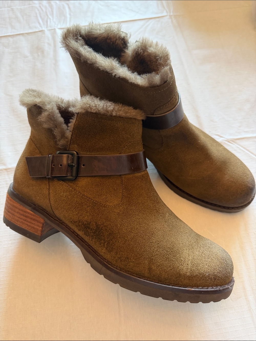 Elie Tahari Olive Suede Shearling Ankle Boots with Brown Leather Strap
